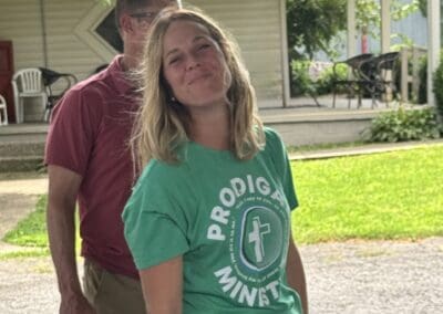 Erin enjoying the Prodigal Ministries' summer picnic T-shirt.